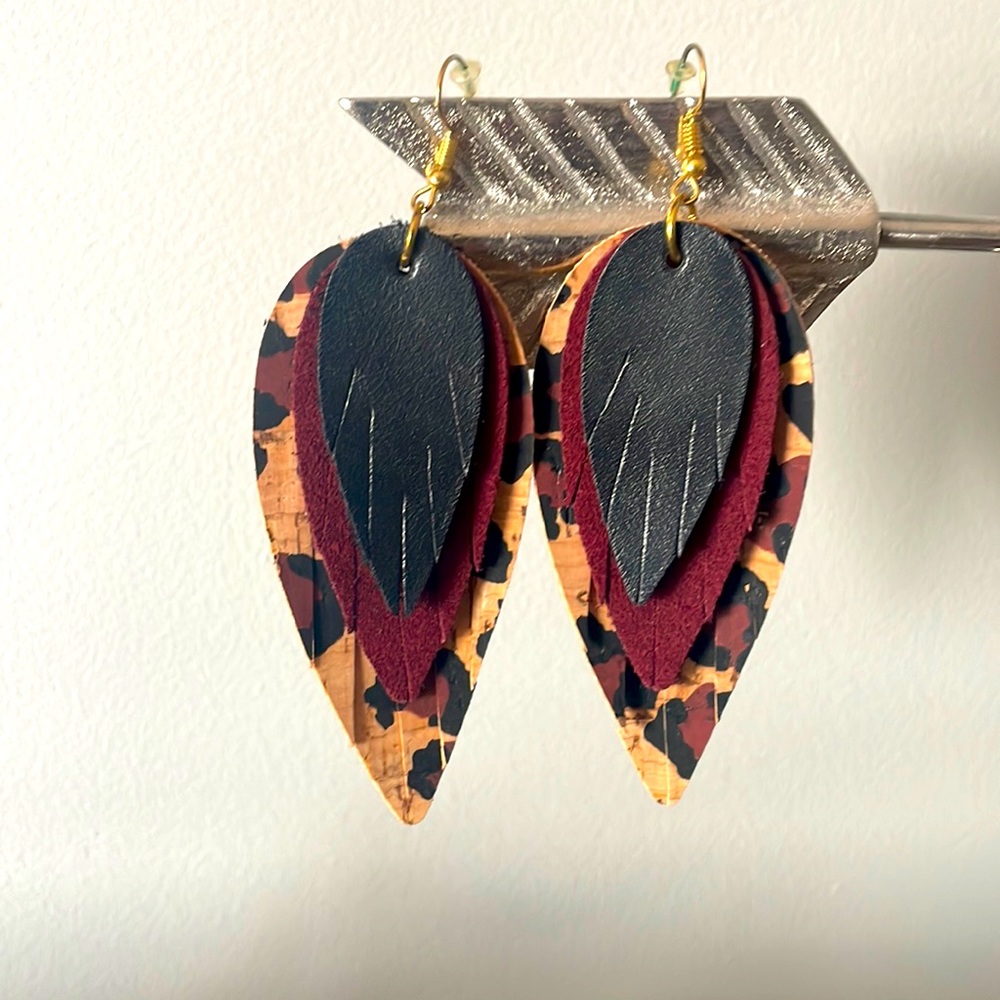 “New”- Black/Burgundy/Animal Print Leather Earings
